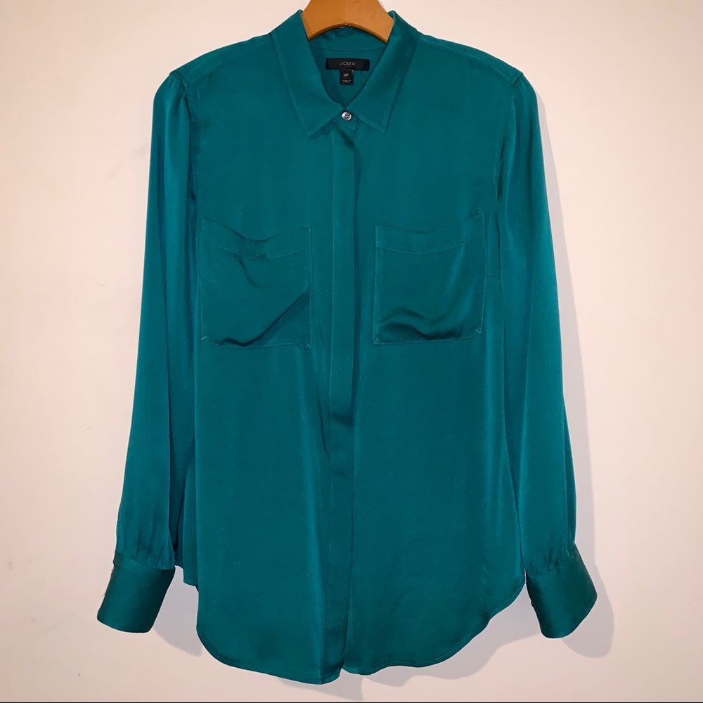 J. Crew Green Silk Long Sleeve Button Down Blouse